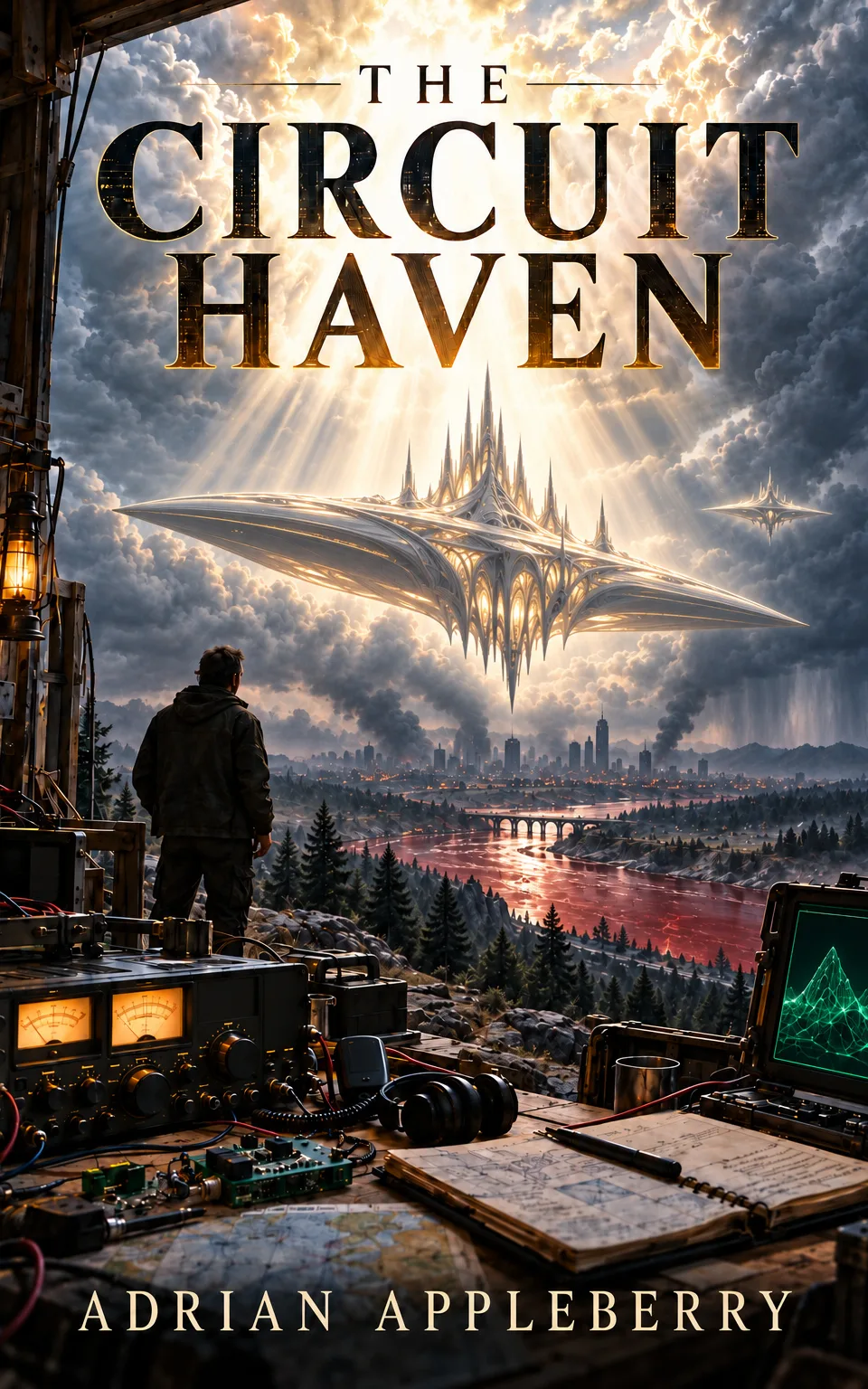 Cover of The Circuit Haven by Adrian Appleberry: a man stands beside radio equipment overlooking a forested river valley as a vast pale vessel hovers in the sky.