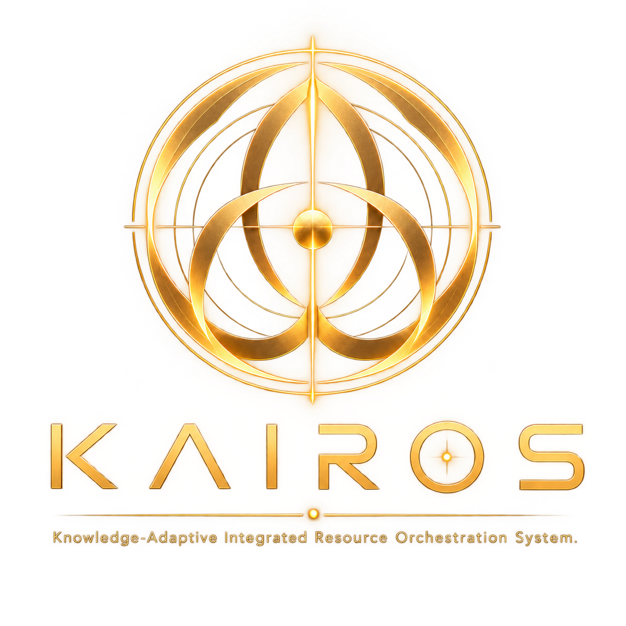 The gold KAIROS emblem: interlocking arcs around a central orb, above the word KAIROS and the full name Knowledge-Adaptive Integrated Resource Orchestration System.